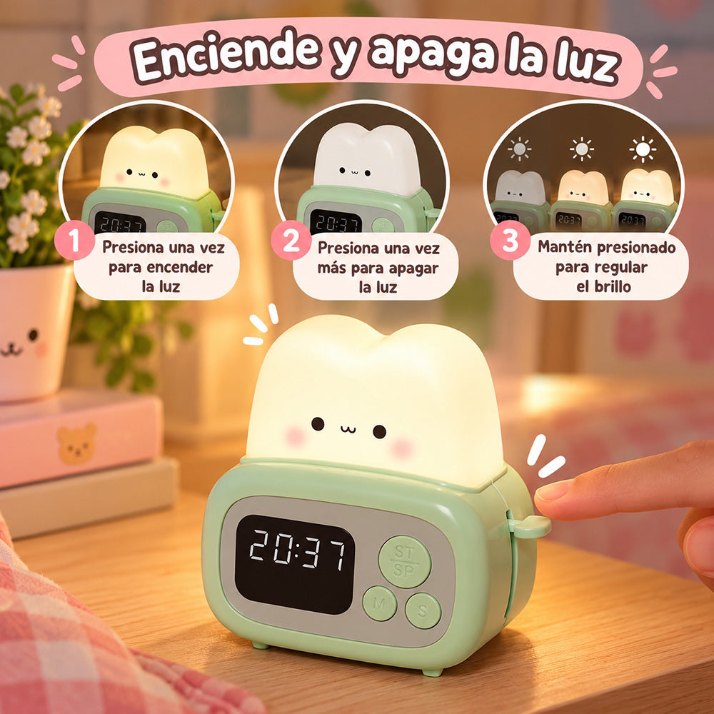 Lámpara espanta cuco Tostadora con Despertador kawaii LED recargable - foto 3