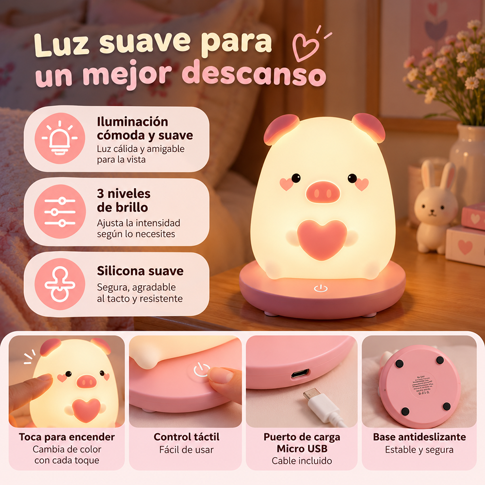 Lámpara espanta cuco Cerdito Tiny kawaii LED recargable - foto 3