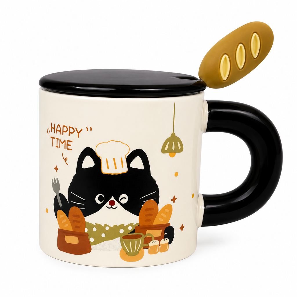 Tazón Gatito Kawaii con Tapa y Cuchara Baguette