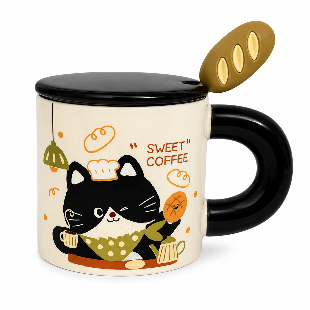 Tazón Gatito Kawaii con Tapa y Cuchara Baguette
