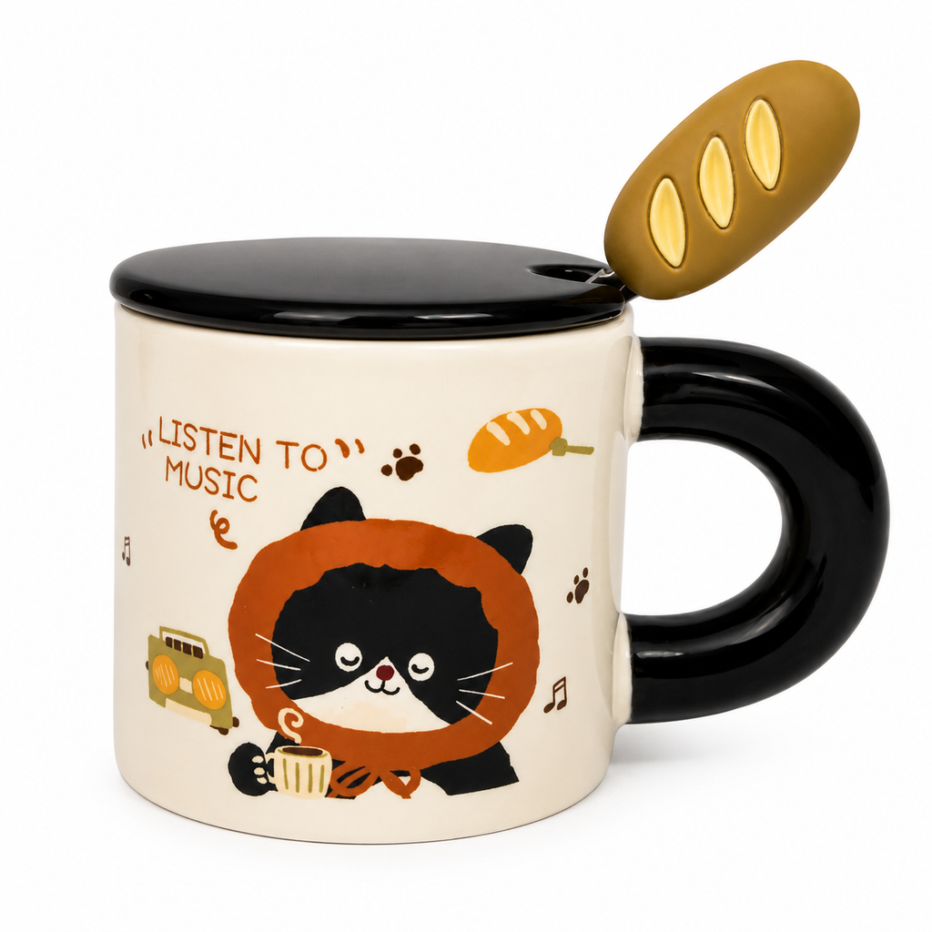 Tazón Gatito Kawaii con Tapa y Cuchara Baguette