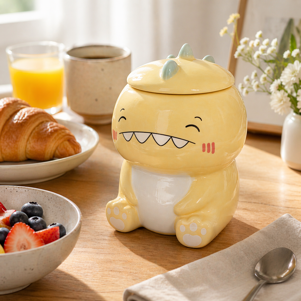 Tazón Dinosaurio Kawaii de Cerámica con Tapa y Cucharita