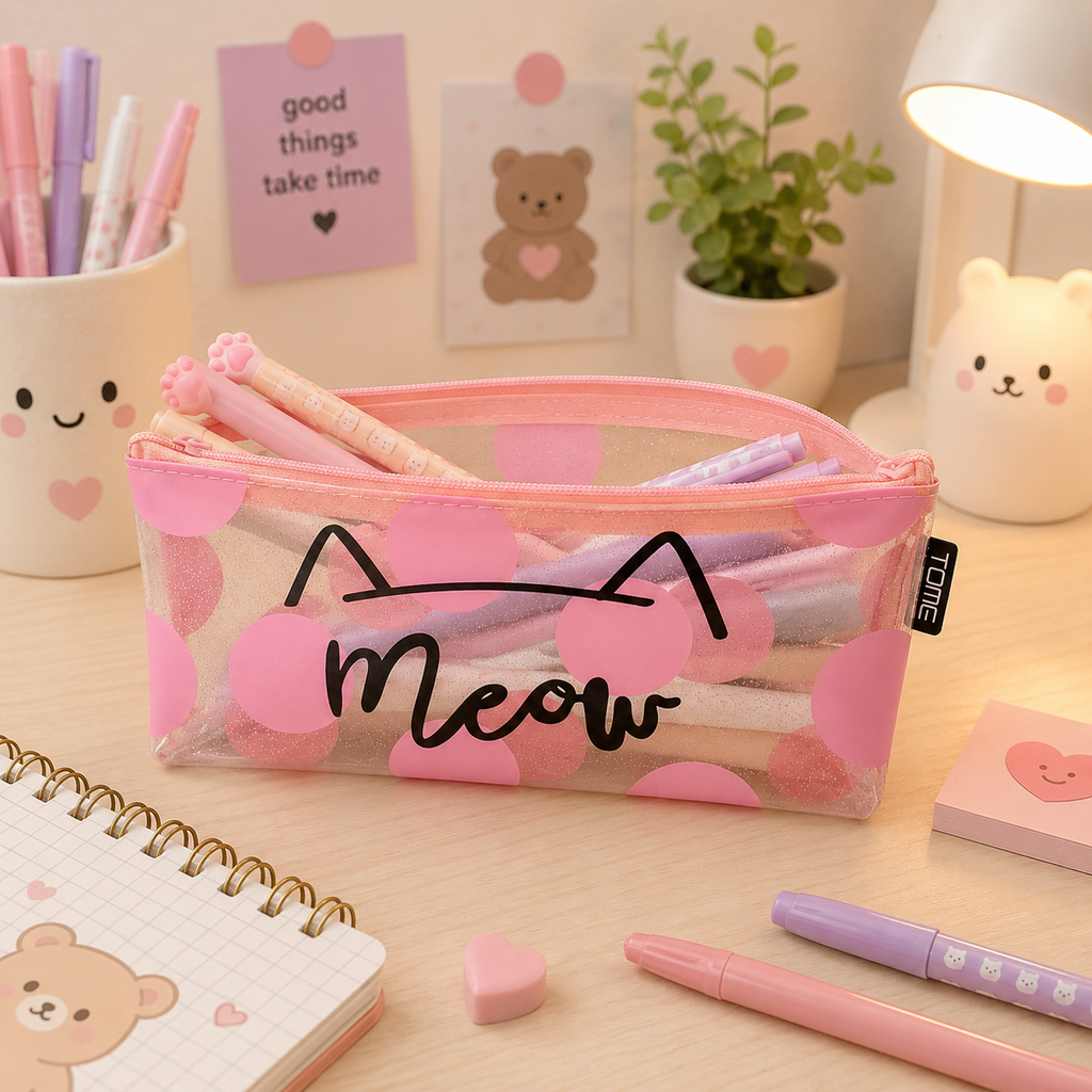 Estuche Gato Kawaii Transparente Meow