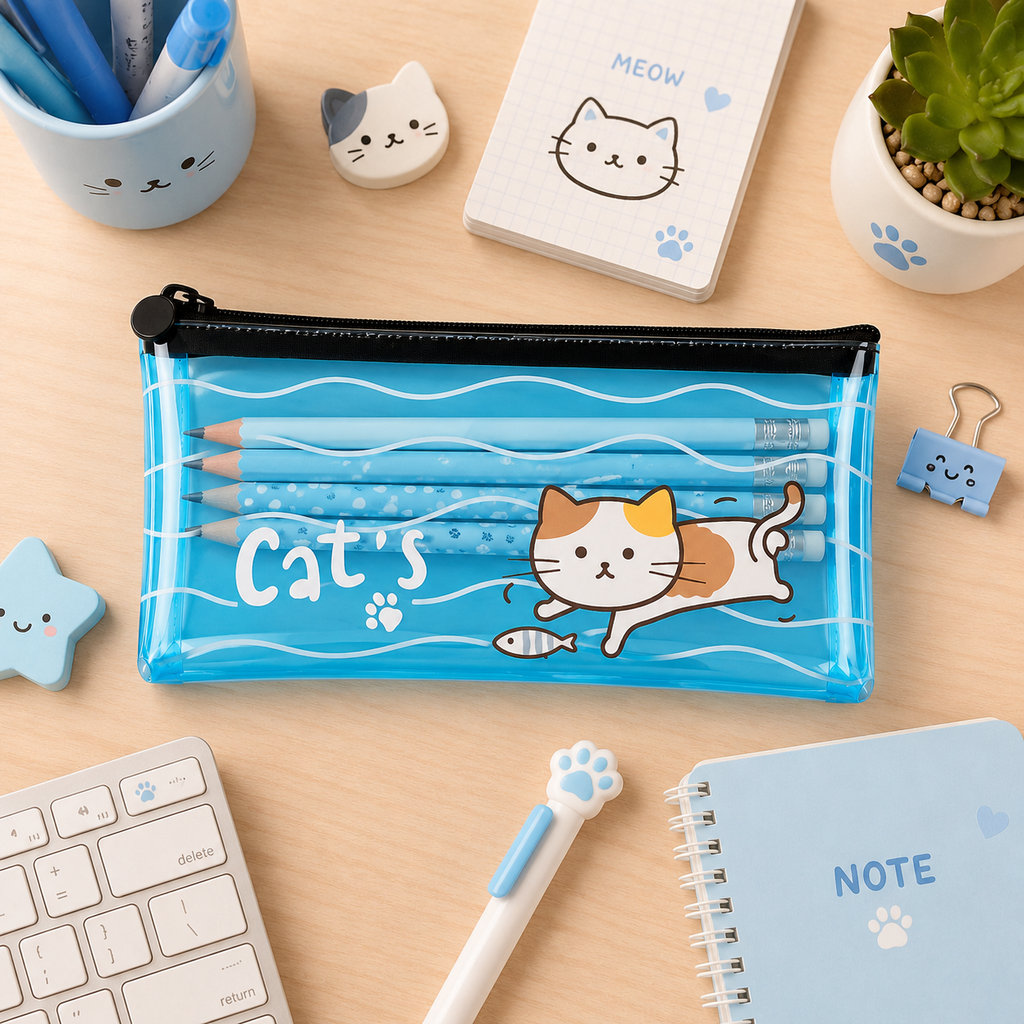 Estuche Gato Kawaii Transparente
