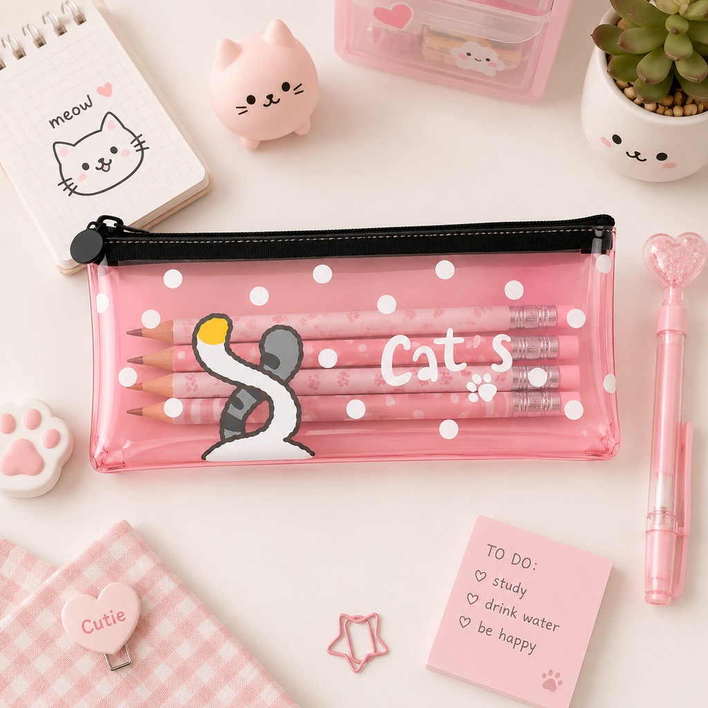 Estuche Gato Kawaii Transparente