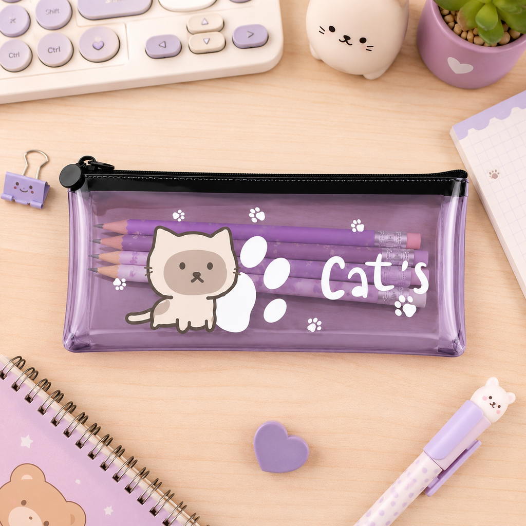 Estuche Gato Kawaii Transparente