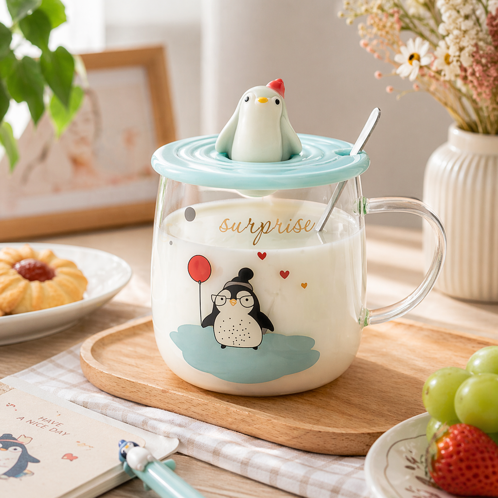 Tazón de Vidrio Pingüino con Tapa y Cucharita