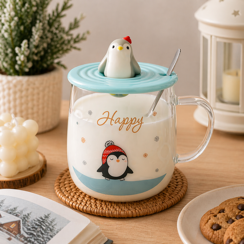 Tazón de Vidrio Pingüino con Tapa y Cucharita
