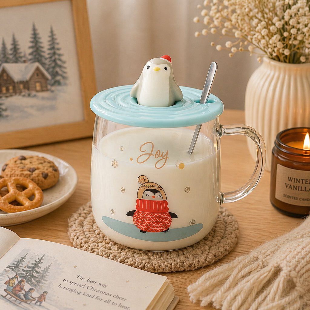 Tazón de Vidrio Pingüino con Tapa y Cucharita