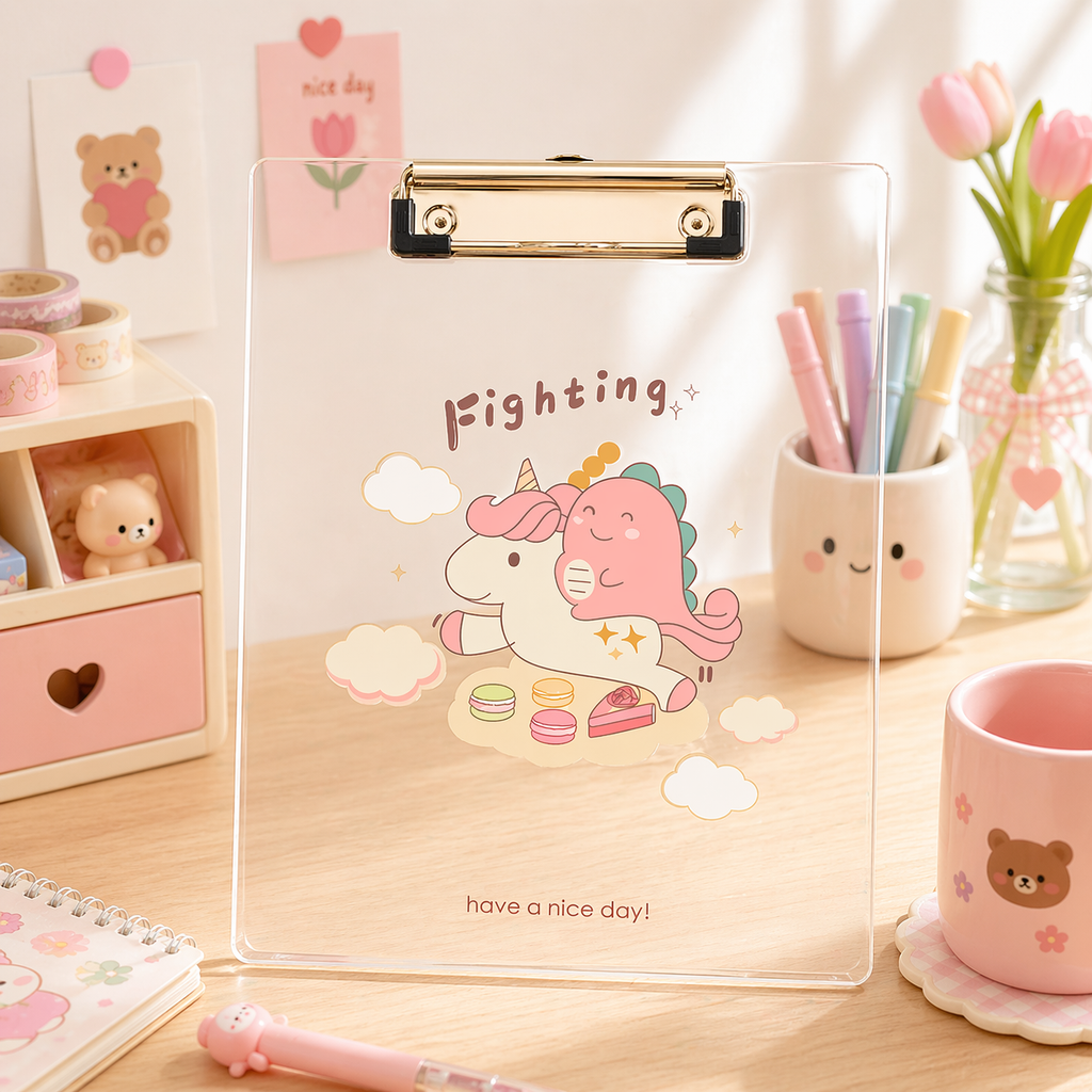 Tabla Porta Papeles Dinosaurio A4 Kawaii Transparente