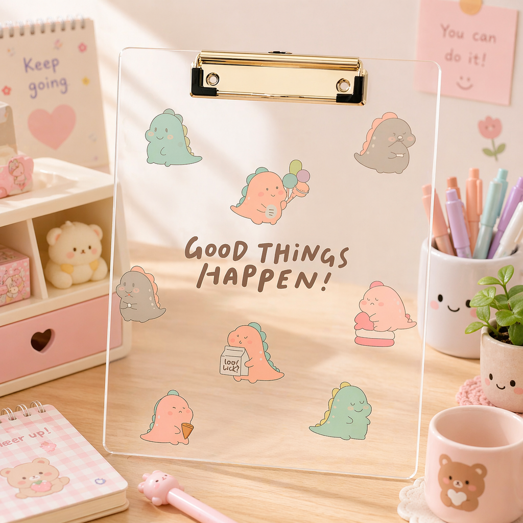 Tabla Porta Papeles Dinosaurio A4 Kawaii Transparente