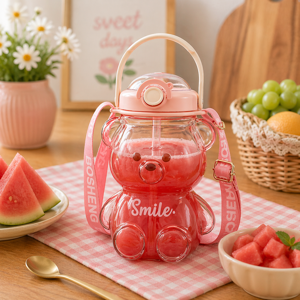 Botella de Agua Osito Kawaii Smile (Rosa)