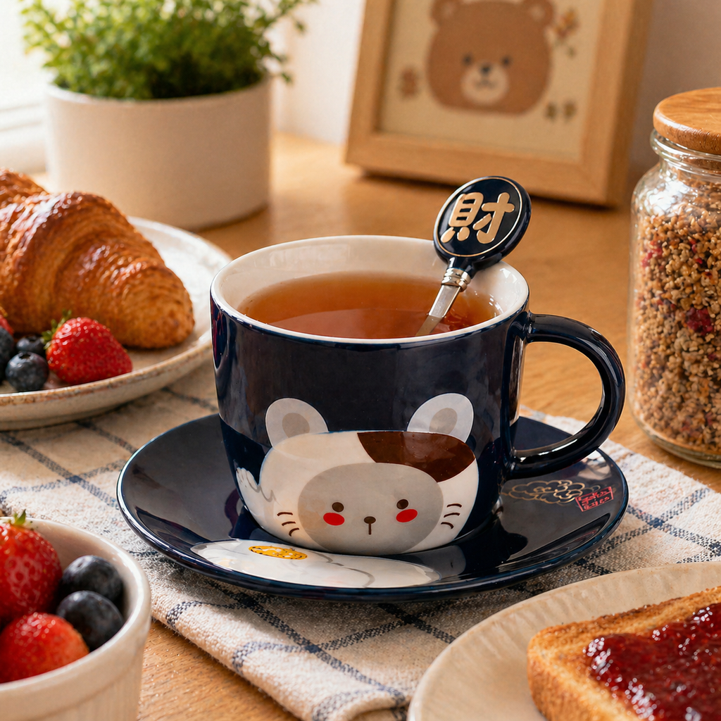 Taza Animalito de la Suerte Kawaii con Platillo