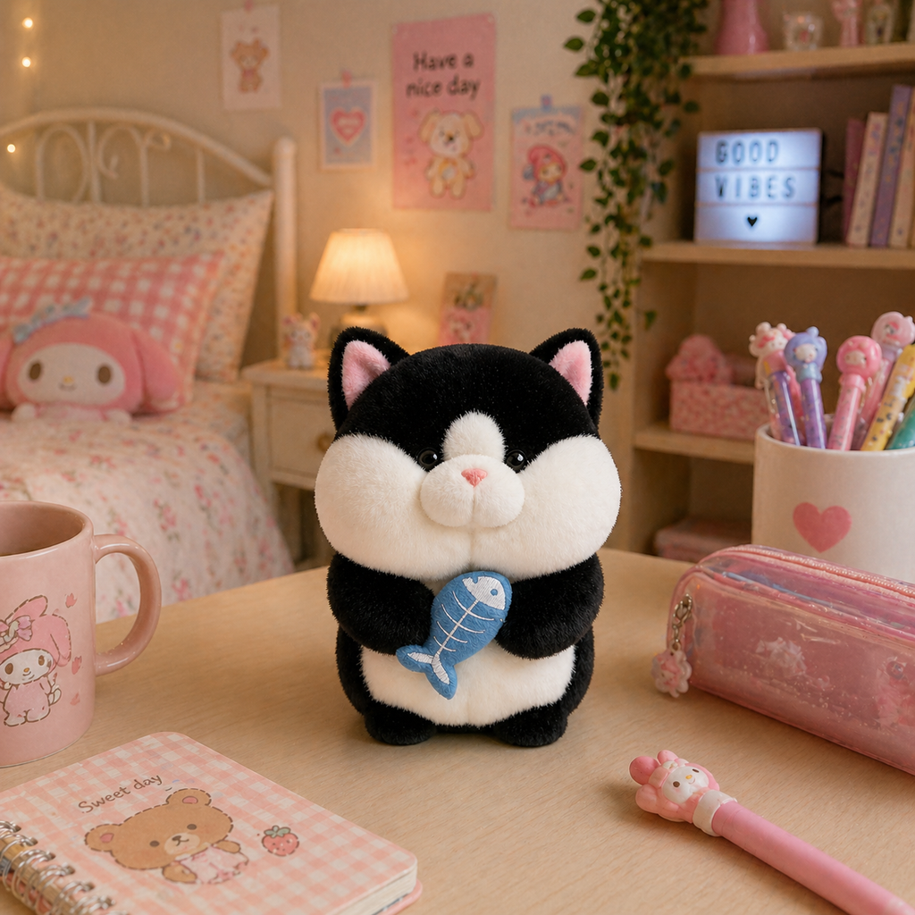 Peluche Gato Negro con Pescado Kawaii