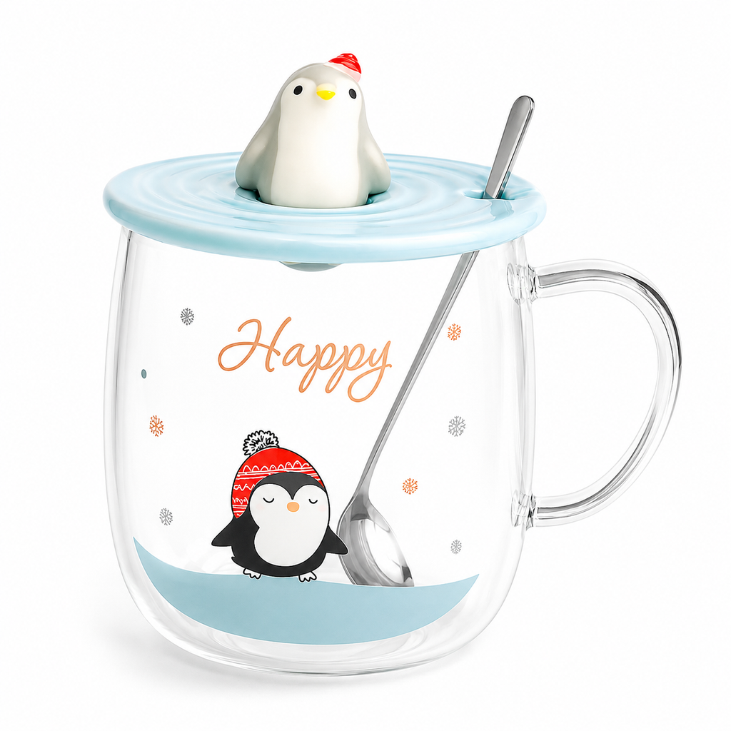 Tazón de Vidrio Pingüino con Tapa y Cucharita