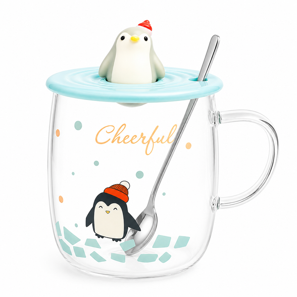 Tazón de Vidrio Pingüino con Tapa y Cucharita