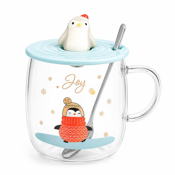Tazón de Vidrio Pingüino con Tapa y Cucharita