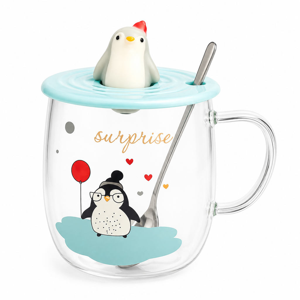 Tazón de Vidrio Pingüino con Tapa y Cucharita