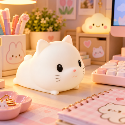 Lámpara Espanta Cuco Gato Almohada – Luz de Noche LED Recargable
