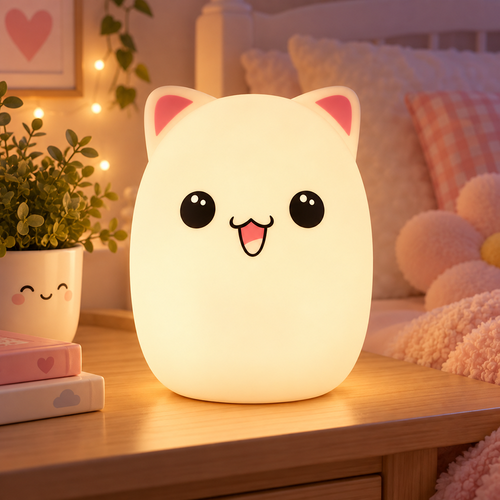 Lámpara Espanta Cuco Gato Feliz – Luz de Noche LED Recargable